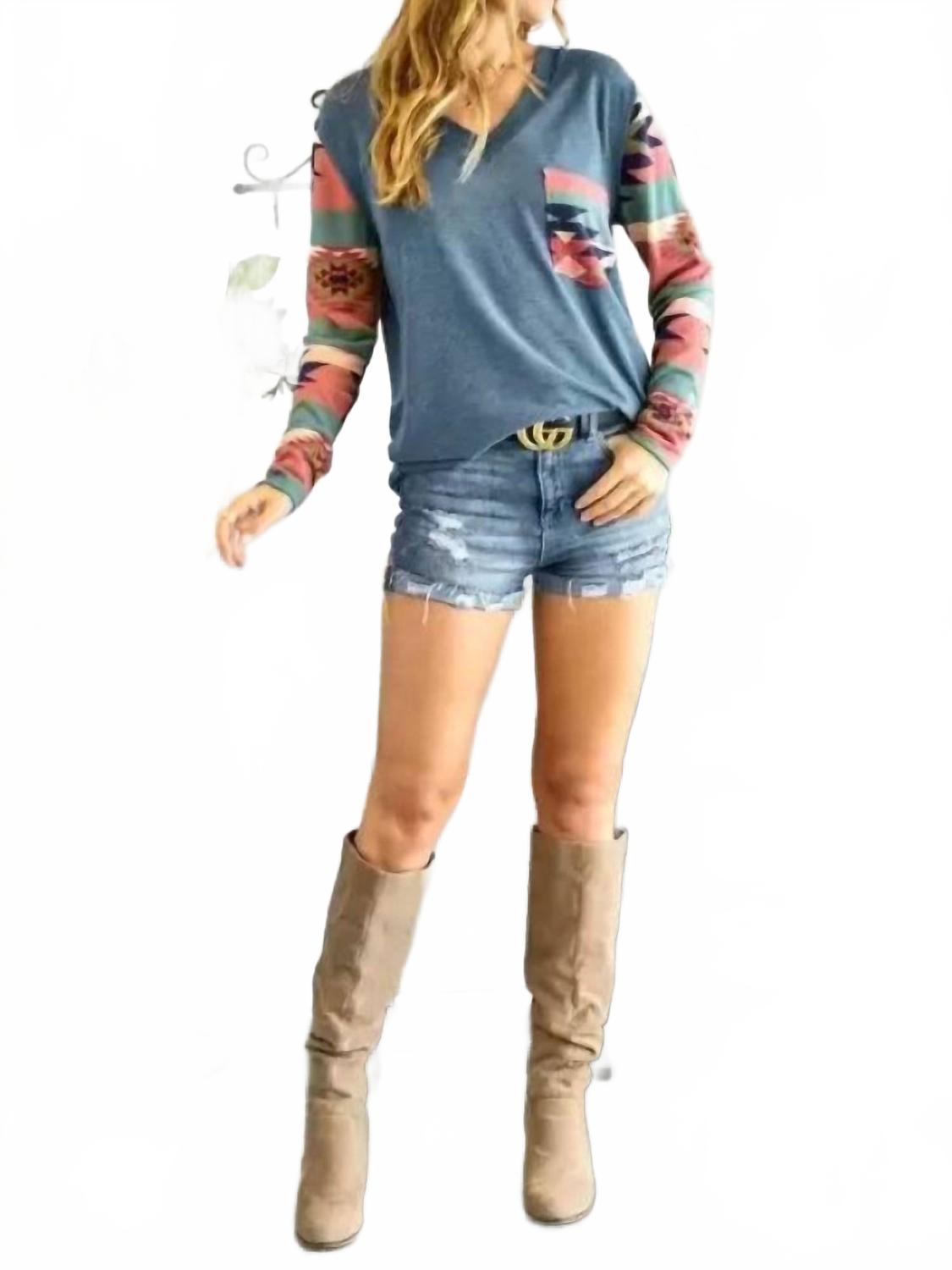 V Neck Long Sleeve Top In Teal Aztec