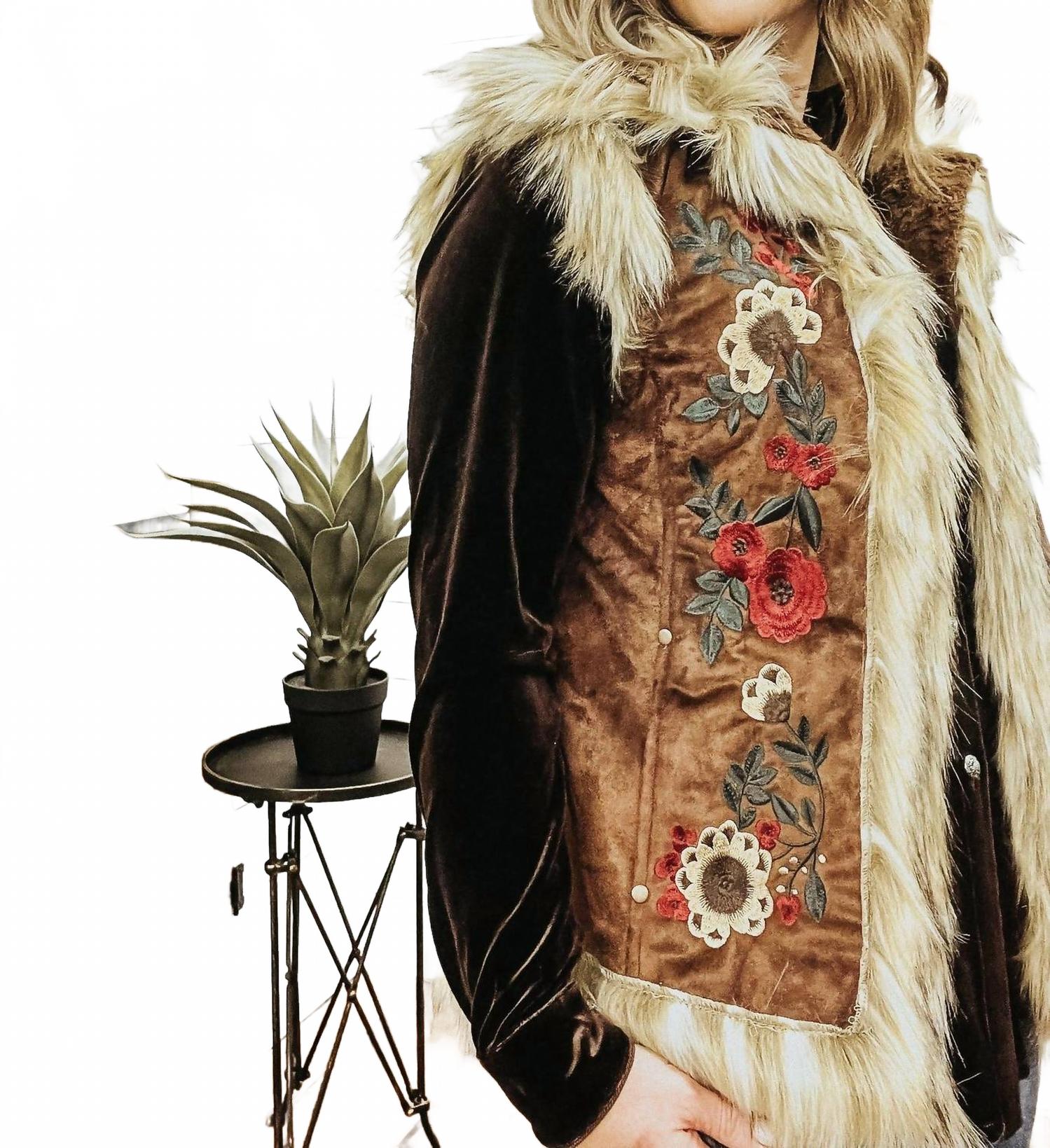 Chateau Embroidered Faux Suede And Fur Vest In Cedar