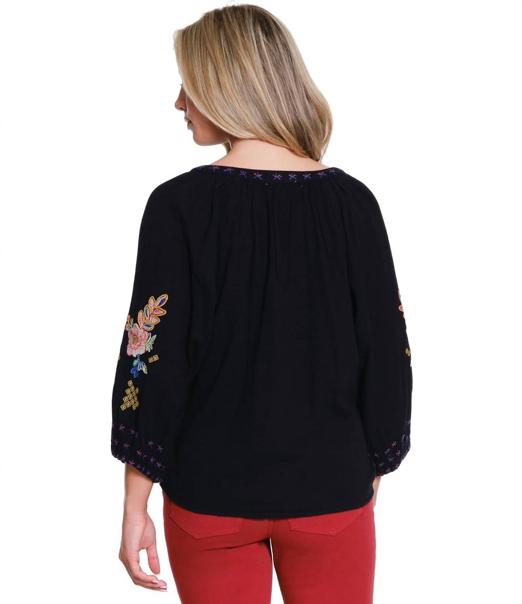 Embroidered Split Neck Top In Black