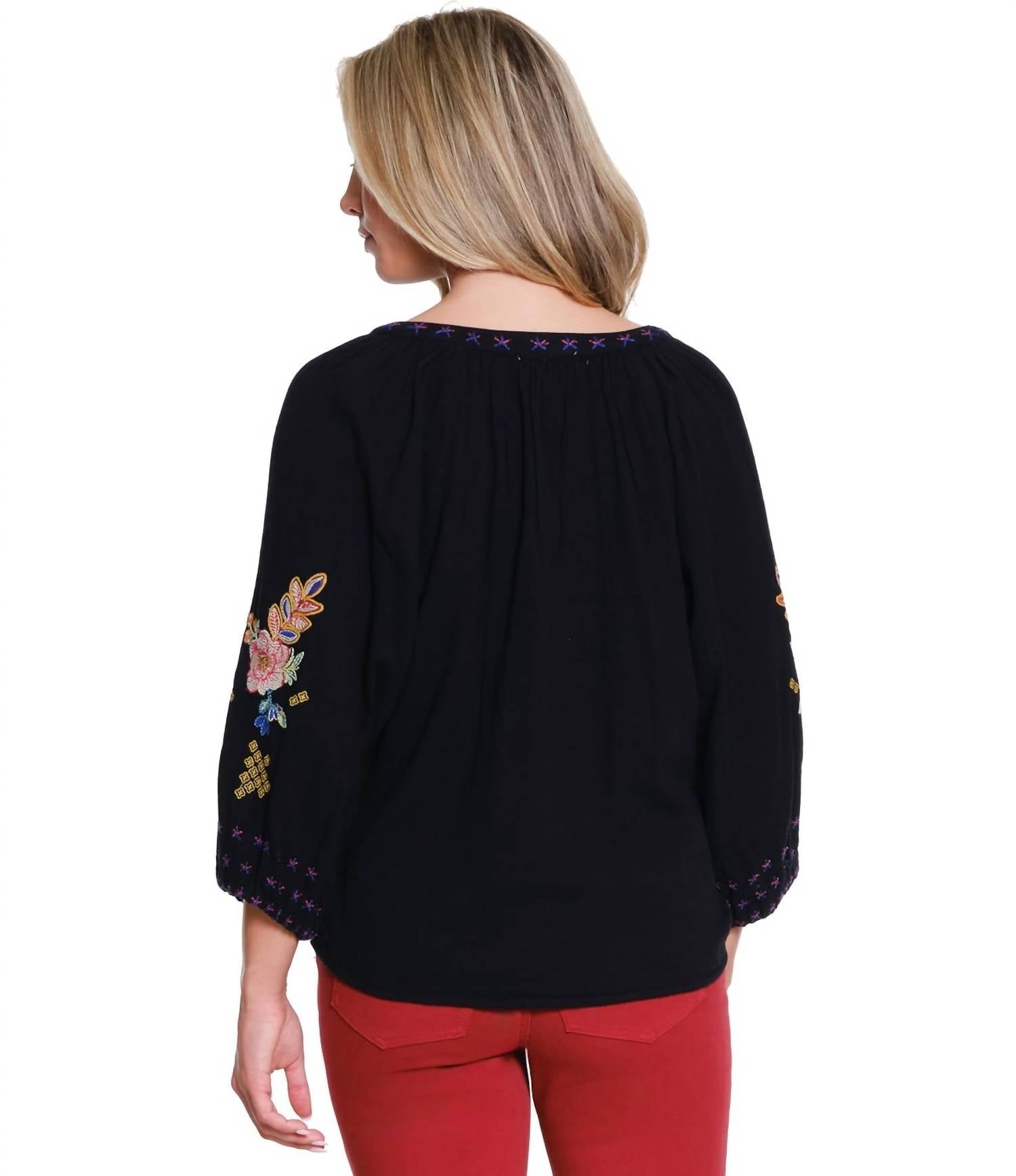 Embroidered Split Neck Top In Black