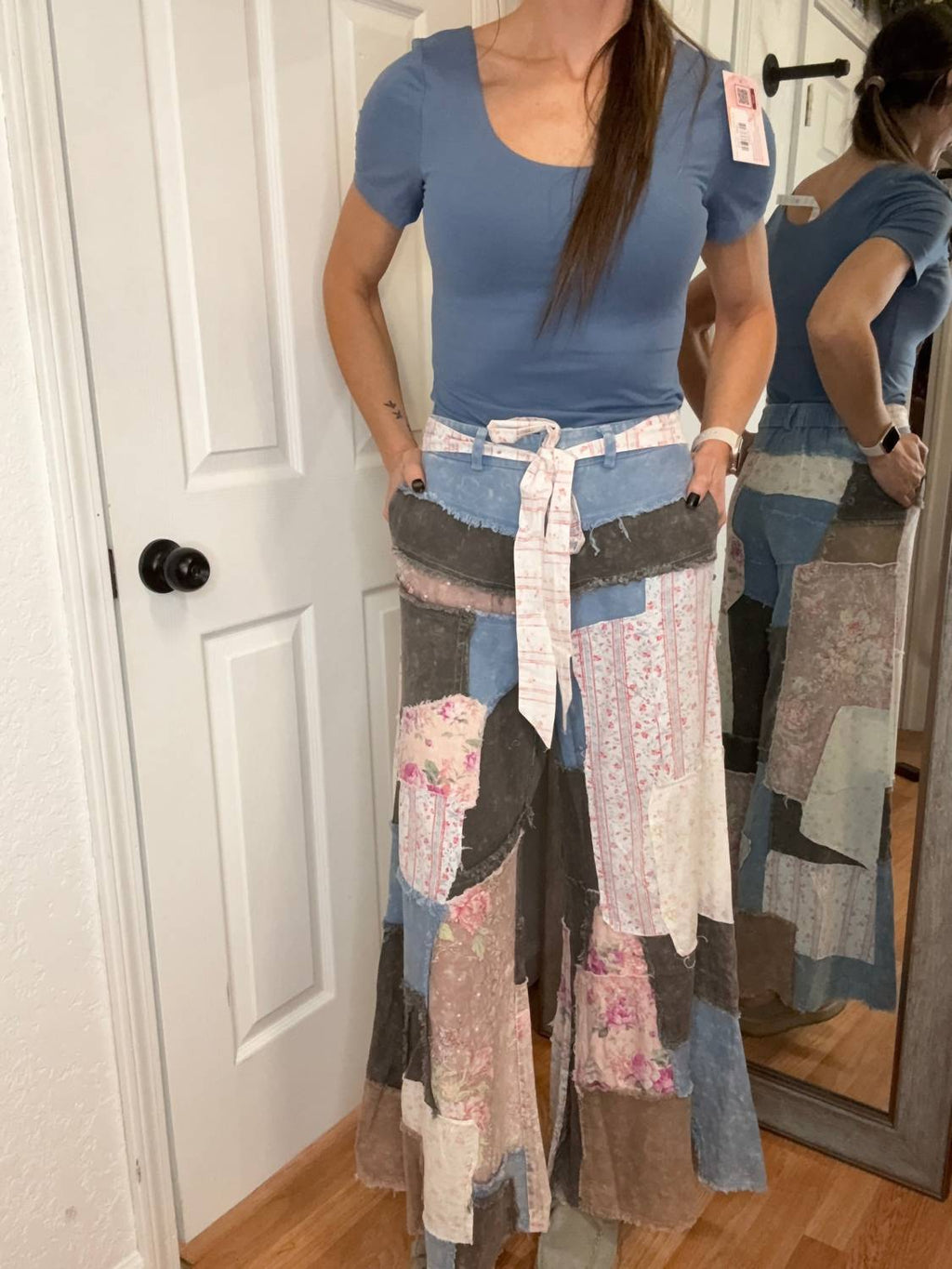 Patty Patchwork Chambray Denim Pants In Pink Multi