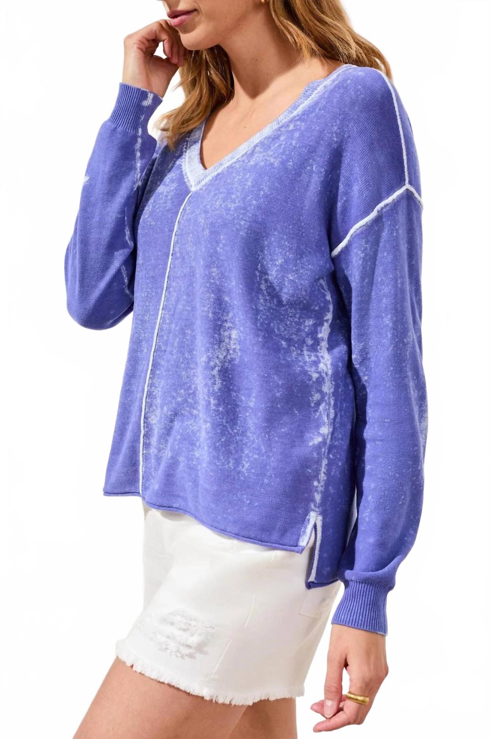Lightweight Cotton V-Neck Sweater In Baja Blue