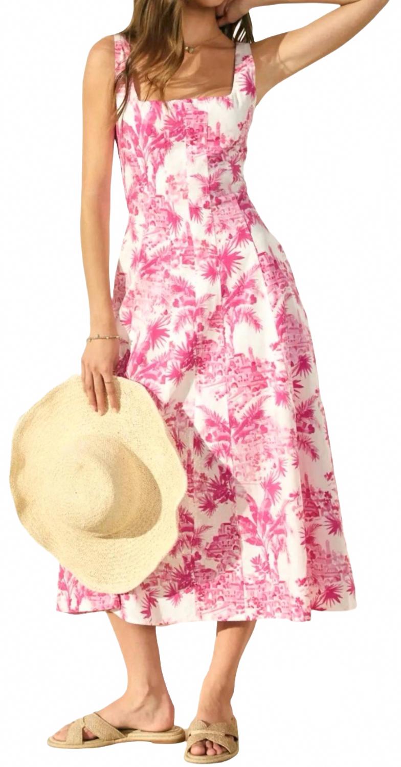 Laguna Palm Square Neck Paneled Dress In Hot Pink/white