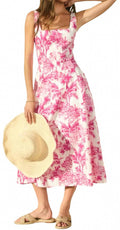 Laguna Palm Square Neck Paneled Dress In Hot Pink/white
