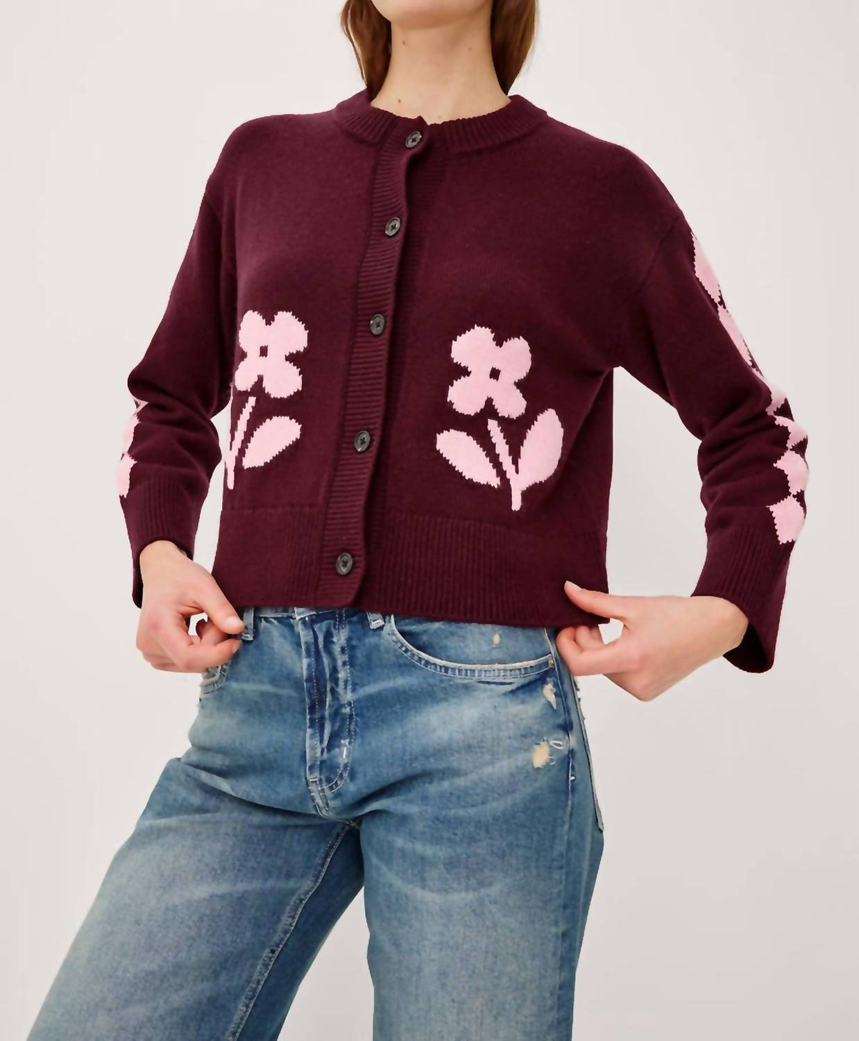 Mavie Floral Motifs Cardigan In Garnet Daisy