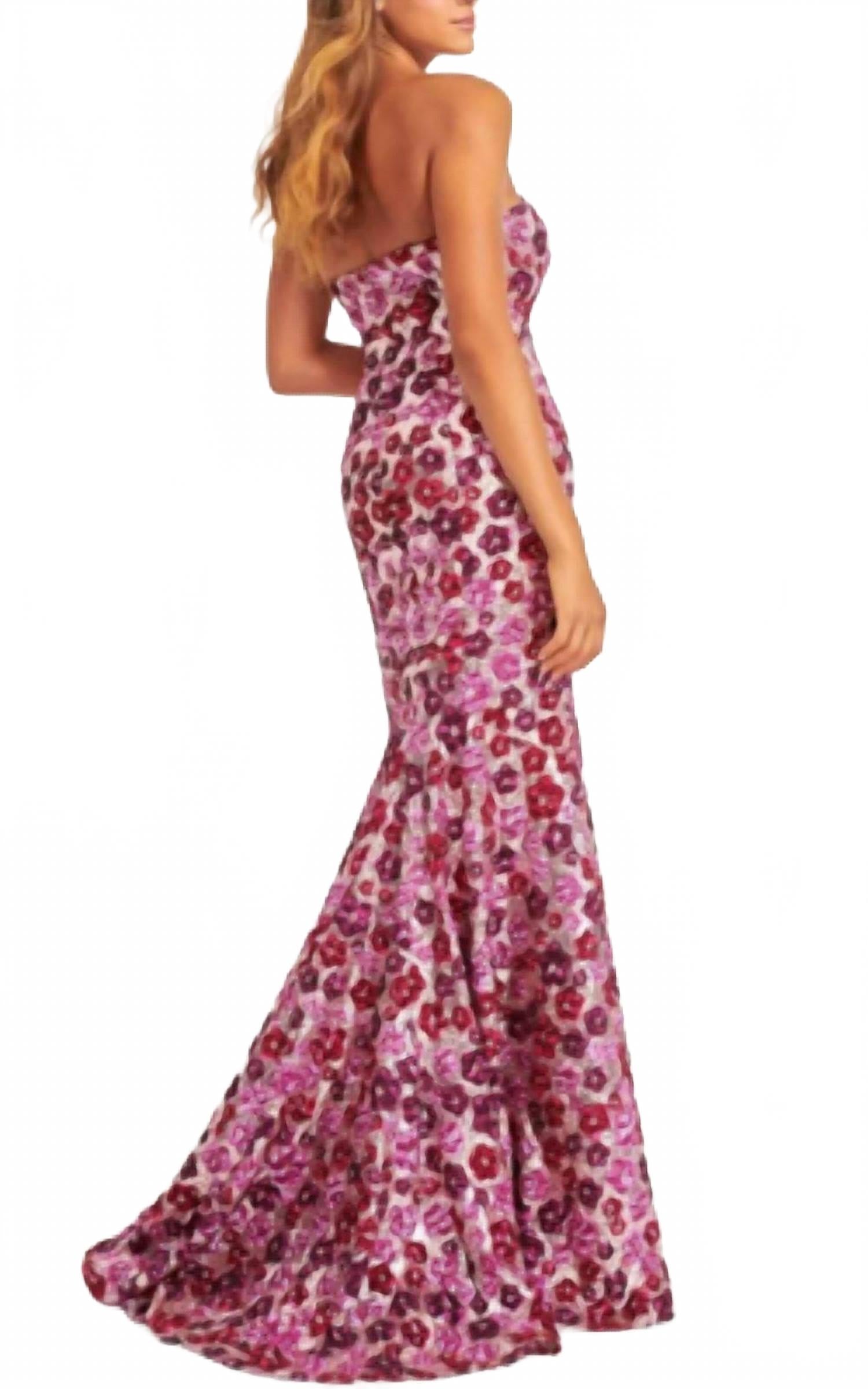 Strapless Sequin Mermaid Dress With Colorful Floral Design In Pink