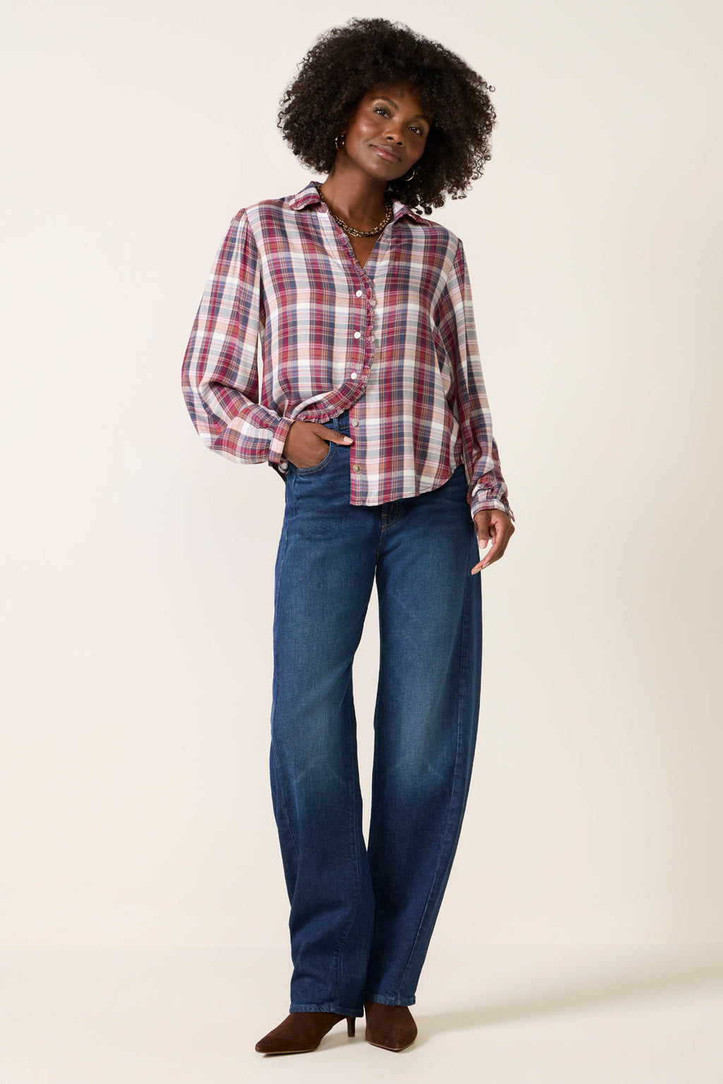 Women's Plaid Ruffle Button Down Shirt