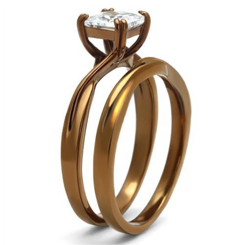 IP Coffee light Stainless Steel Ring with AAA Grade CZ in Clear