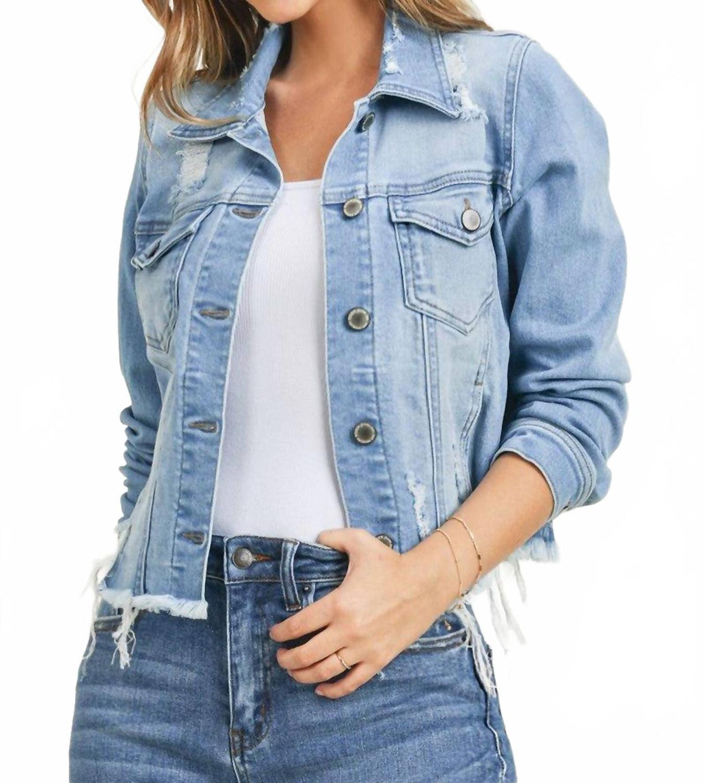 Maylynn Distressed Frayed Hem Denim Jacket In Blue