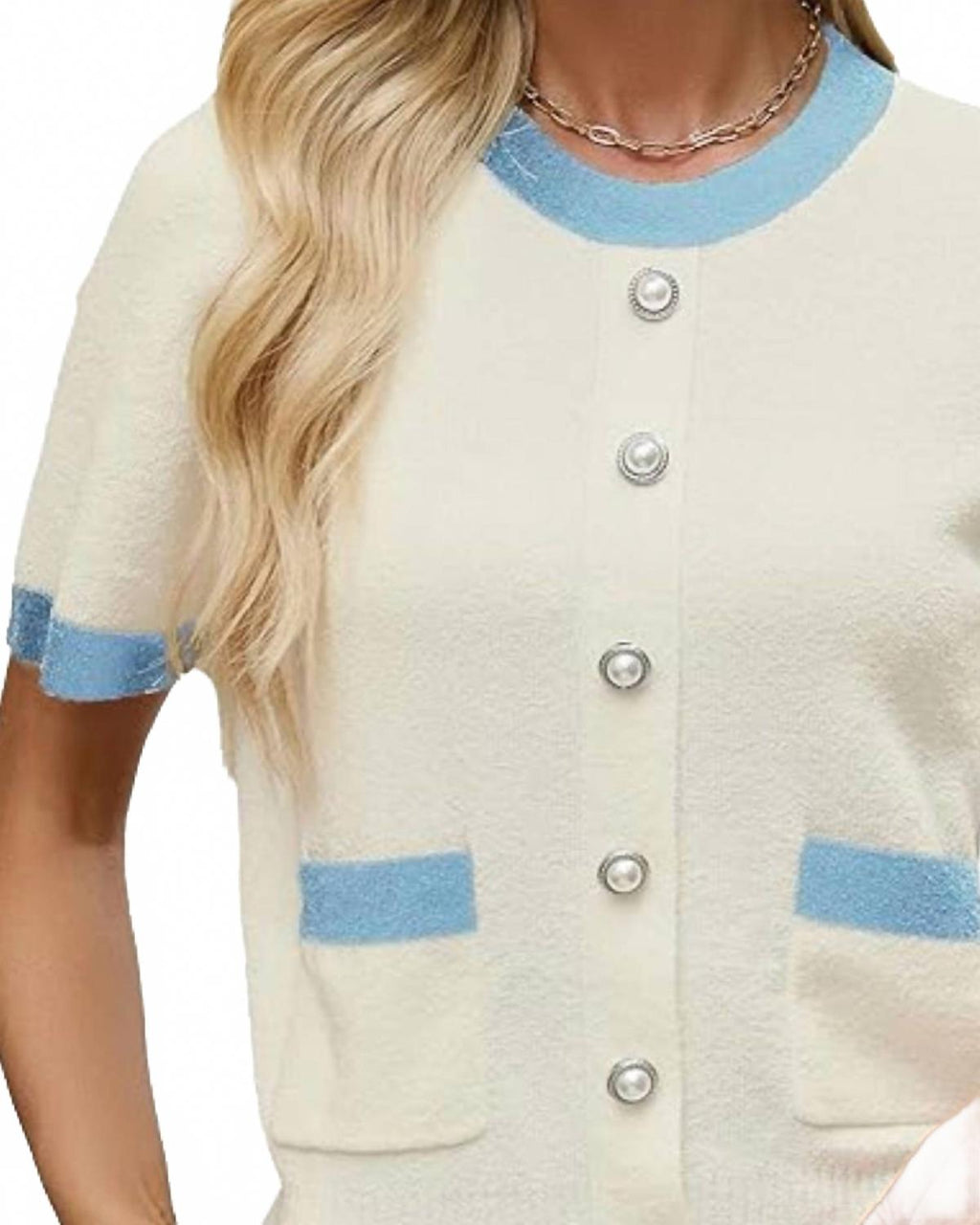 Short Sleeve Crewneck Cardigan In Cream/blue