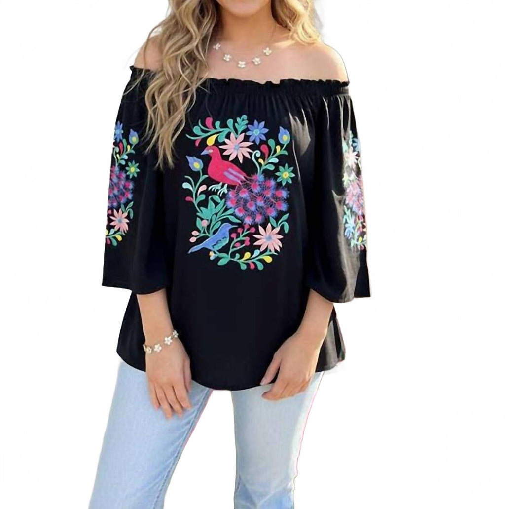 Floral & Bird Embroidered Off-Shoulder Boho Top In Black