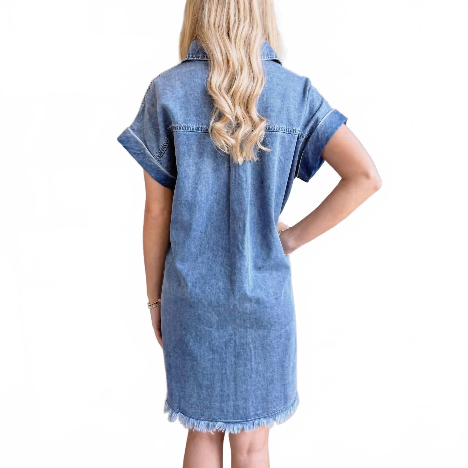 Frayed Hem Denim Shirt Dress In Blue