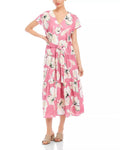 Kristine Tiered Front Slit Midi Dress In Pink Floral