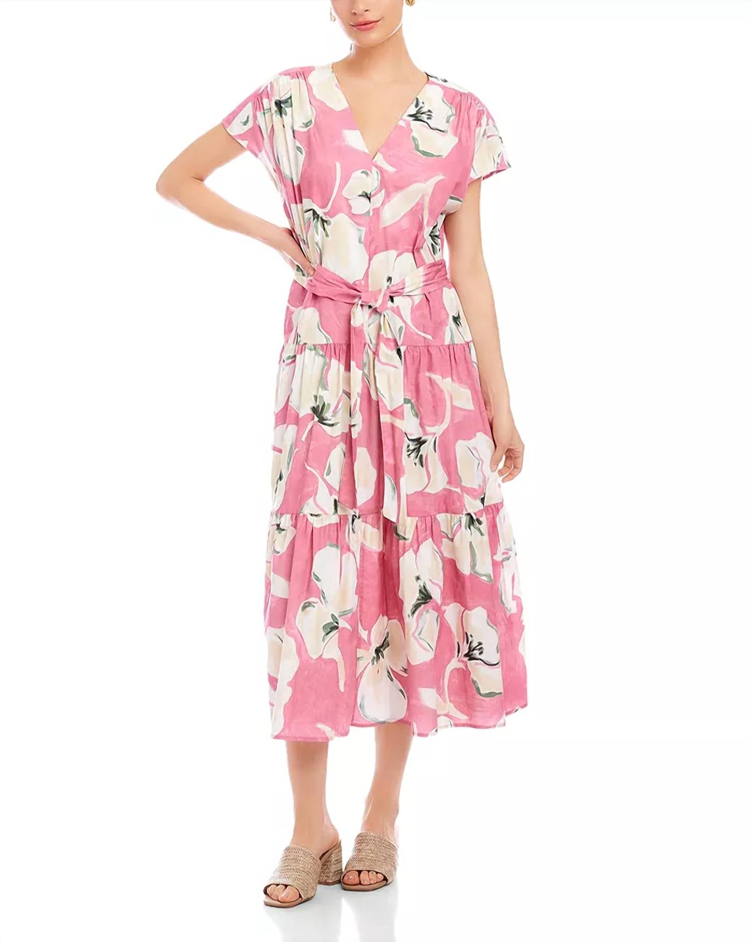 Kristine Tiered Front Slit Midi Dress In Pink Floral