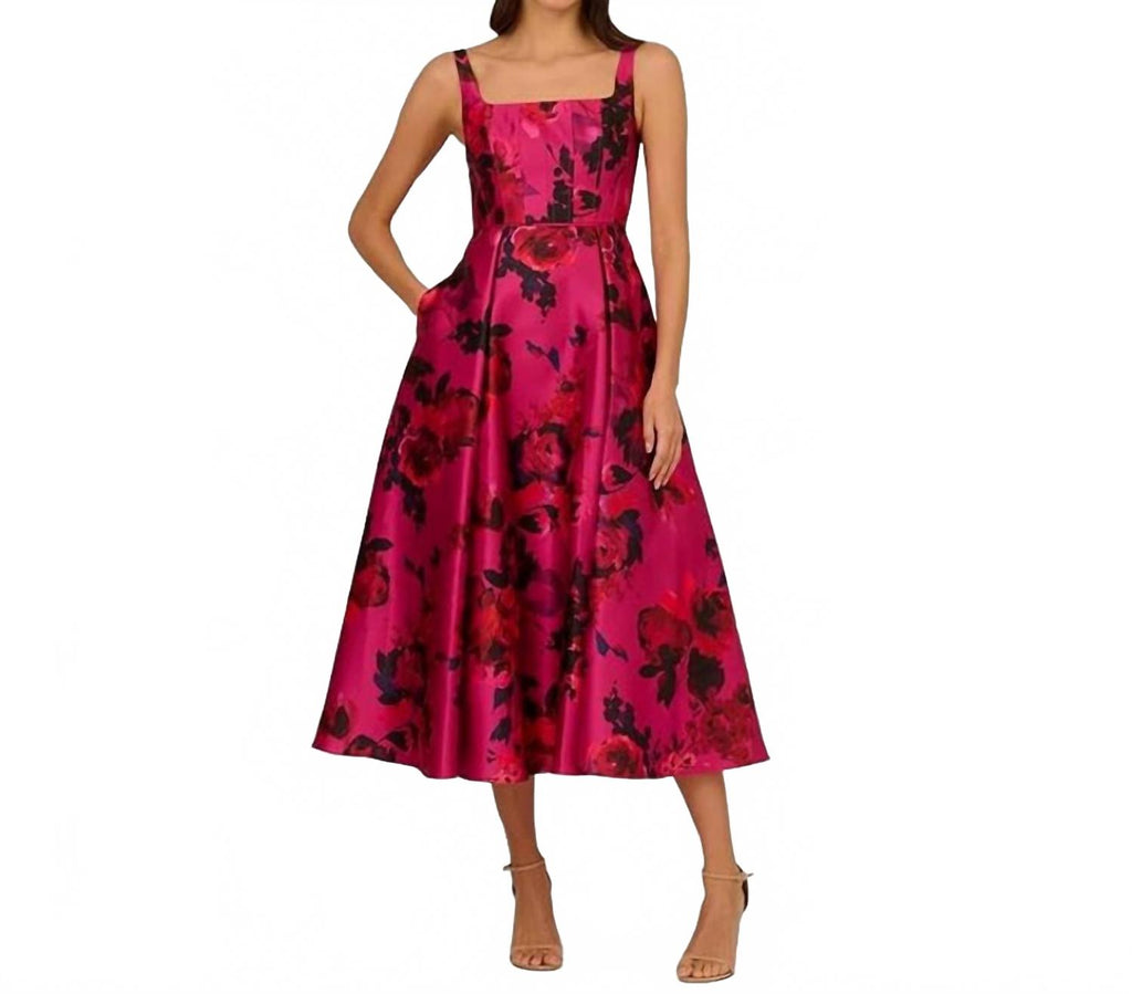 Rose Jacquard Thin Strap Square Neck Midi Dress In Pink