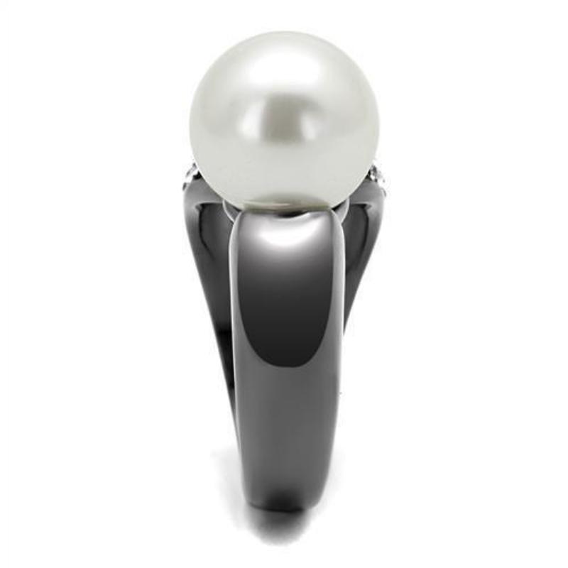 IP Light Black Stainless Steel Ring with Synthetic Pearl in White