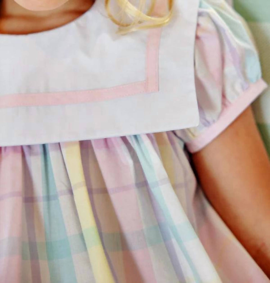 Girl's Stewart's Square Collar Dress In Brunch Plate Plaid With Palm Beach Pink
