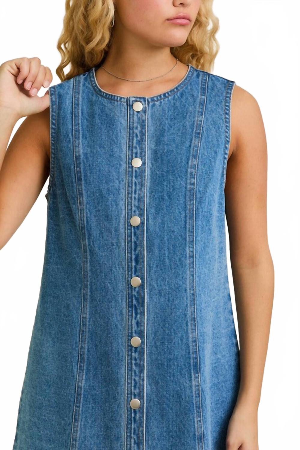 Sleeveless Round Neck Denim Mini Dress In Blue