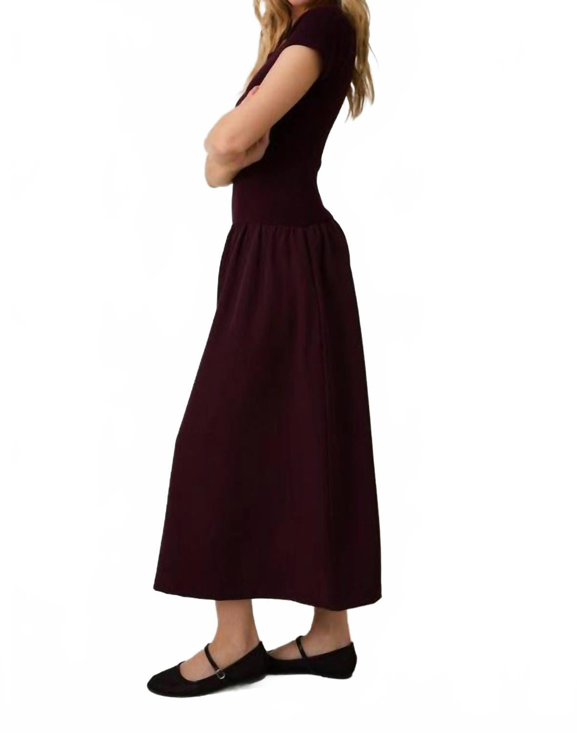 Round Neck Mix Midi Dress In Burgundy