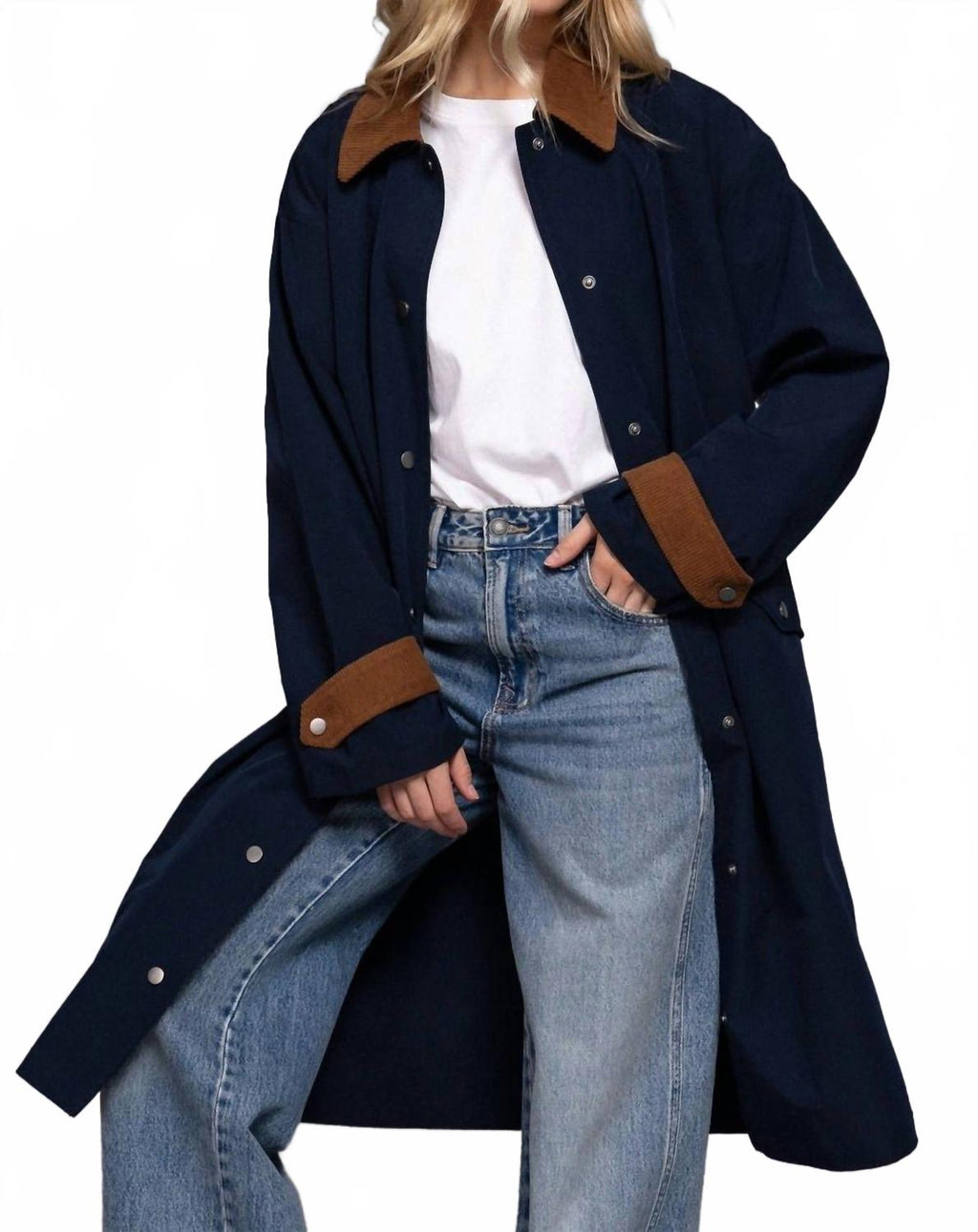 Long Sleeve Contrast Collar Button Down Trench Coat In Navy