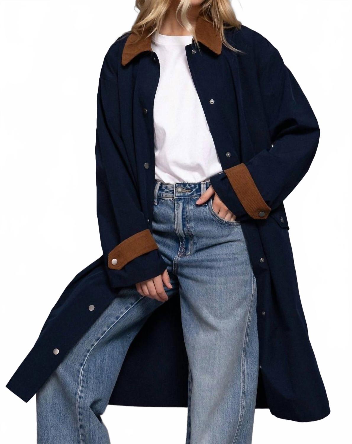 Long Sleeve Contrast Collar Button Down Trench Coat In Navy
