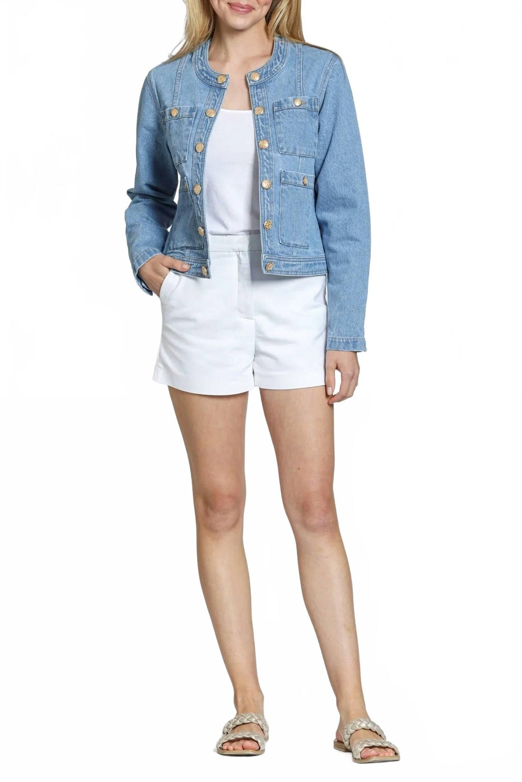 Collarless Denim Jacket In Light Indigo