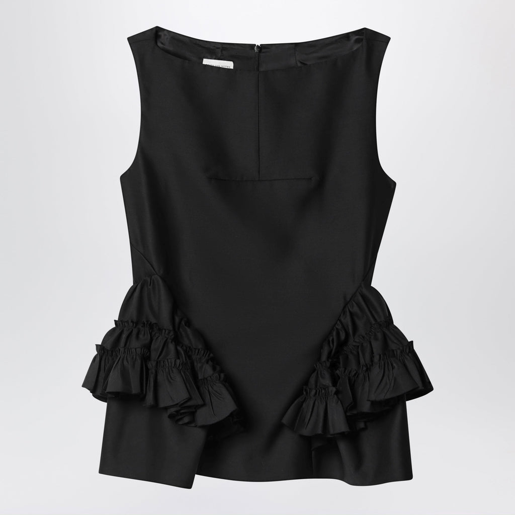 Dries Van Noten Black Wool And Silk Ruffled Top Women
