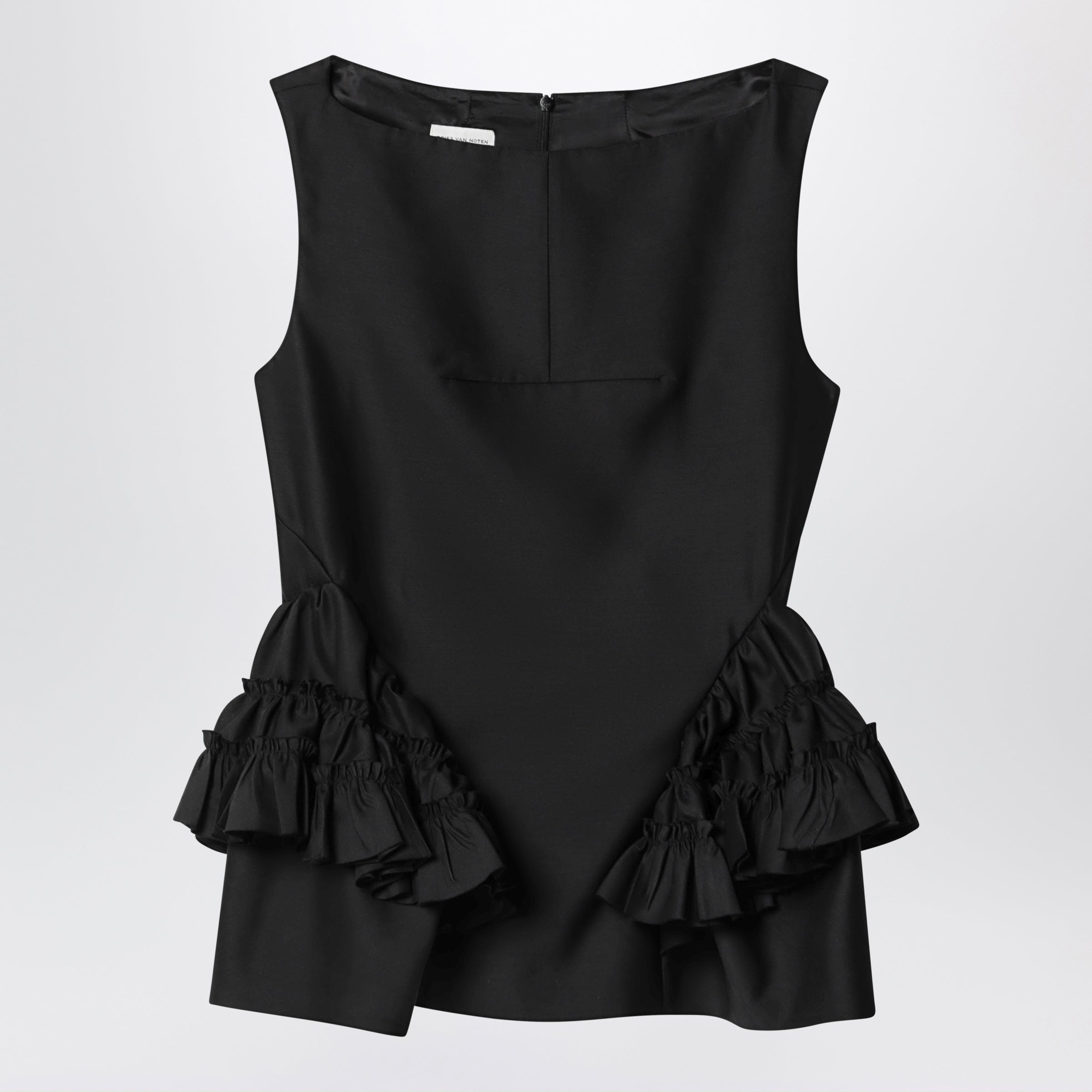 Dries Van Noten Black Wool And Silk Ruffled Top Women