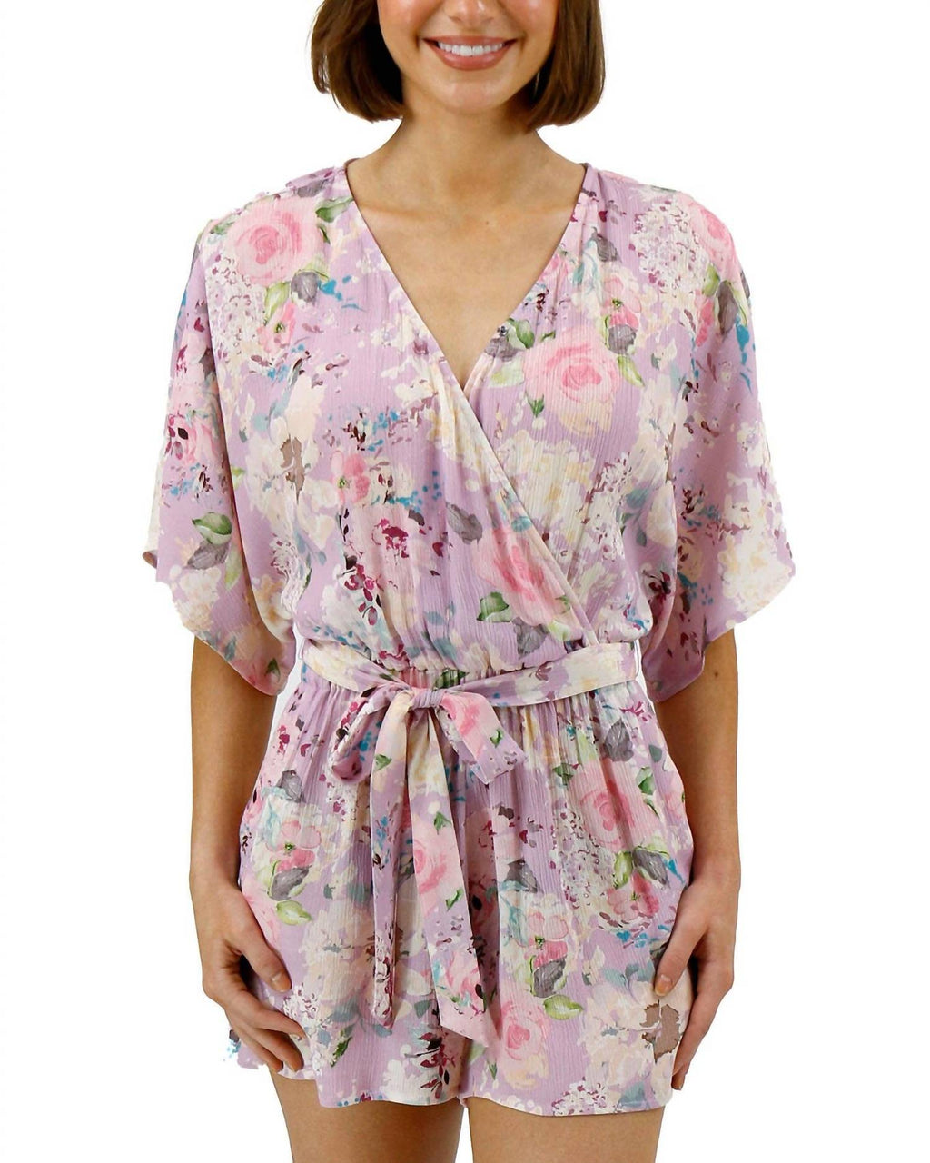 Sweetest Flowy Sleeves Romper In Purple Floral