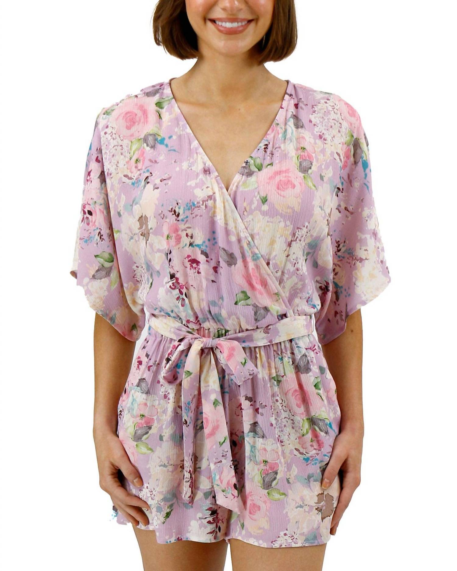 Sweetest Flowy Sleeves Romper In Purple Floral