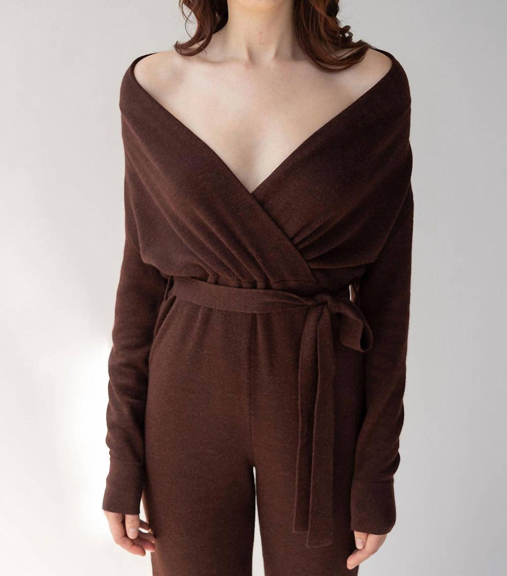 Wrap Neck Jumpsuit In Mahogany