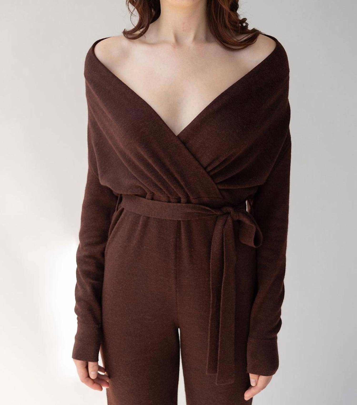 Wrap Neck Jumpsuit In Mahogany
