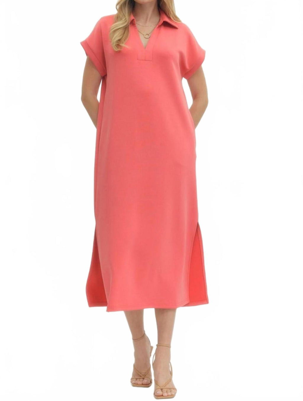 Solid Knit Split Collar Short Sleeve Midi Dress In Coral