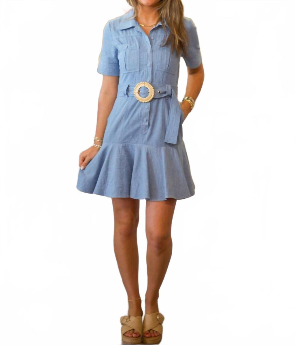 Short Sleeve Bubble Hem Denim Dress In Blue