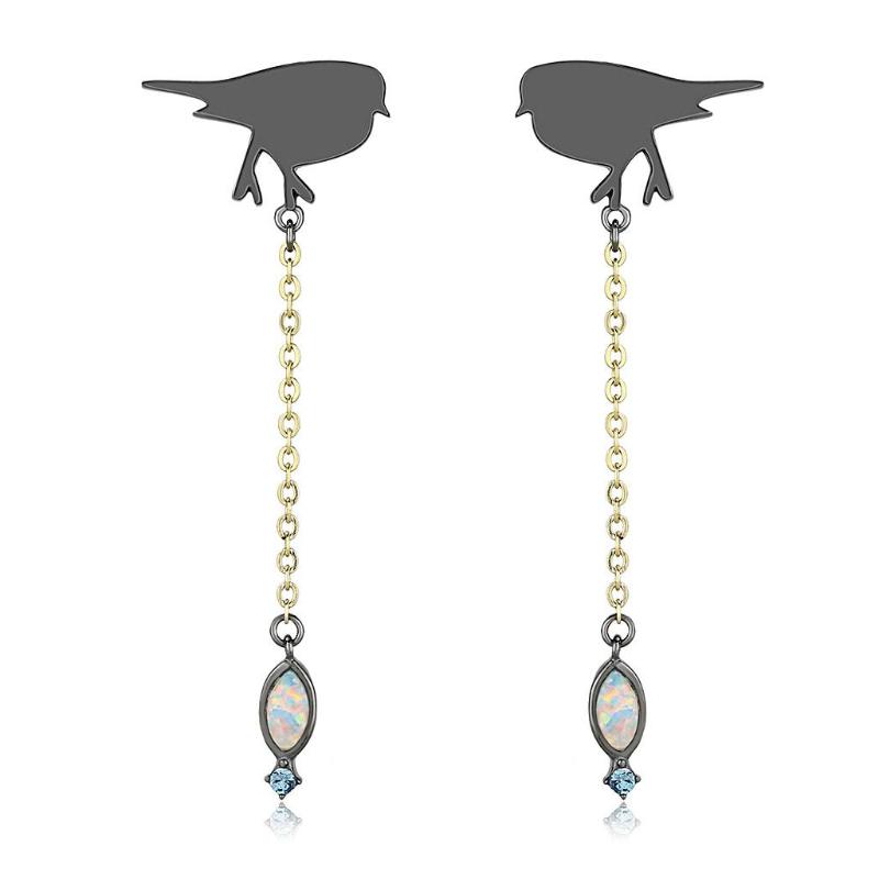 IP Gold+ IP Black (Ion Plating) Stainless Steel Earrings with Semi-Precious Opal in Aurora Borealis (Rainbow Effect)