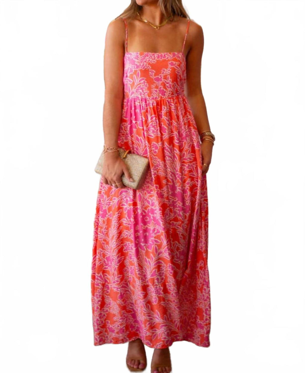 Already Yours Floral Maxi Dress In Orange Pink