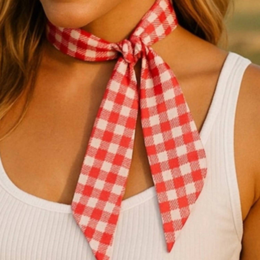 Women's Checkered Skinny Wild Rag Scarf In Red And White
