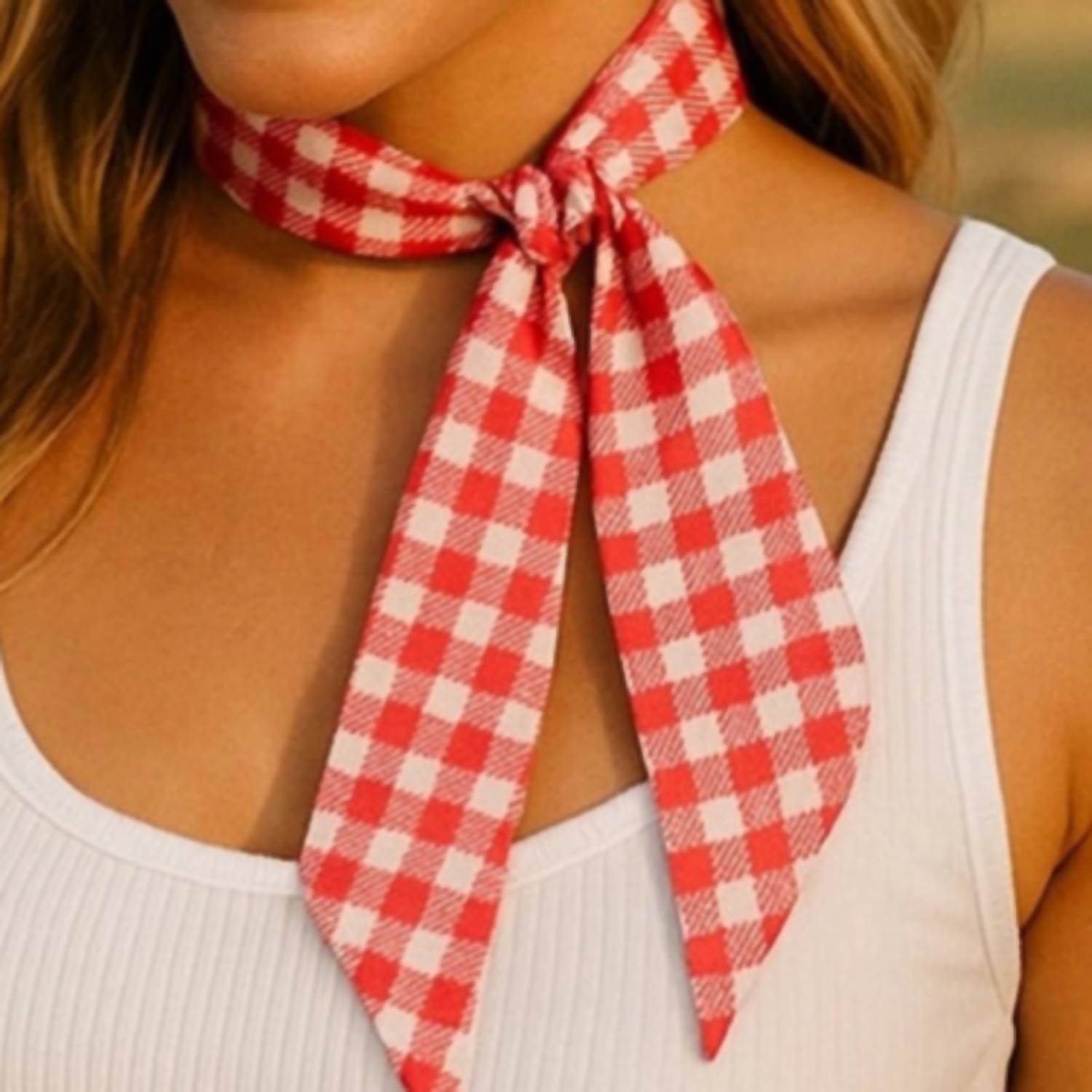 Women's Checkered Skinny Wild Rag Scarf In Red And White