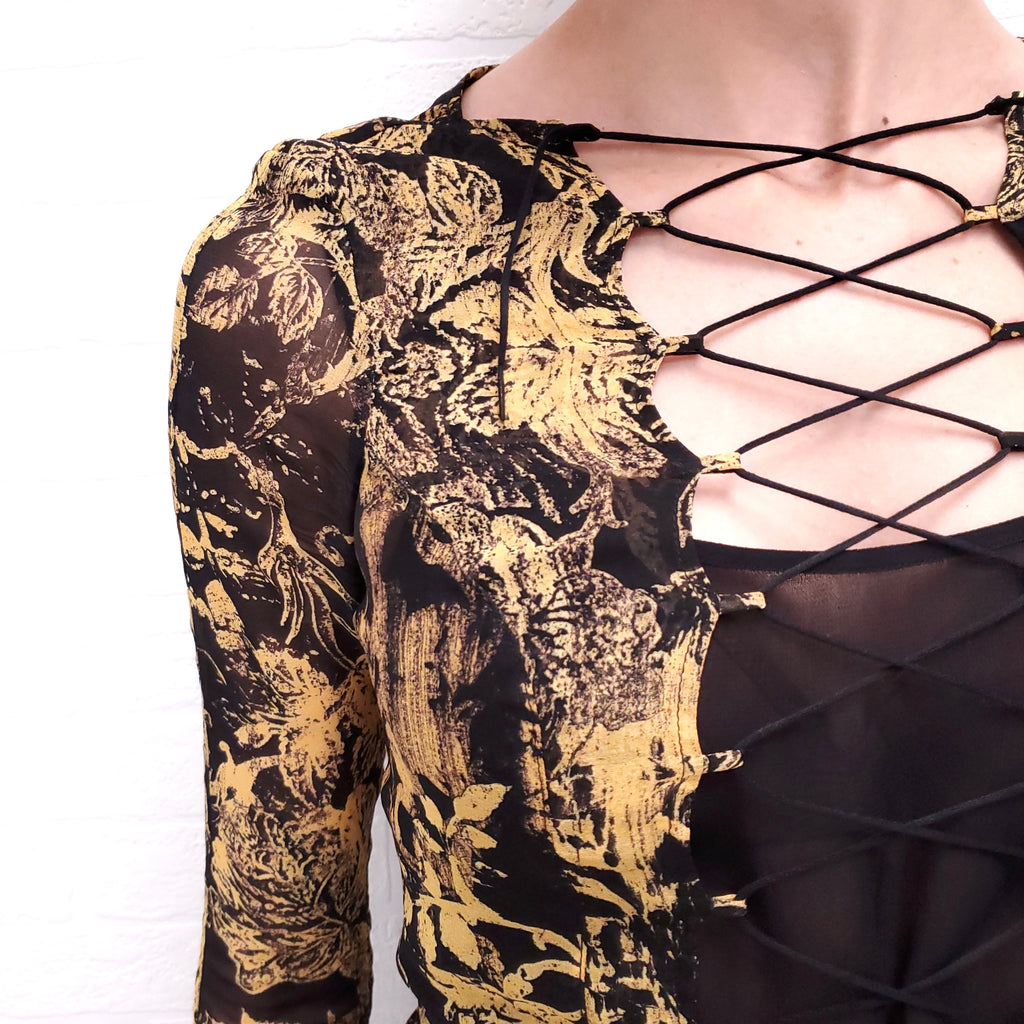 KNWLS BLACK AND YELLOW SHEER TIE UP BLOUSE ($900) - SIZE 6