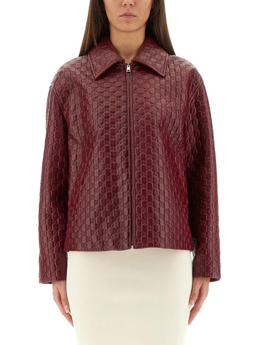 Gucci Women Oversized Leather Jacket With Embossed Gg