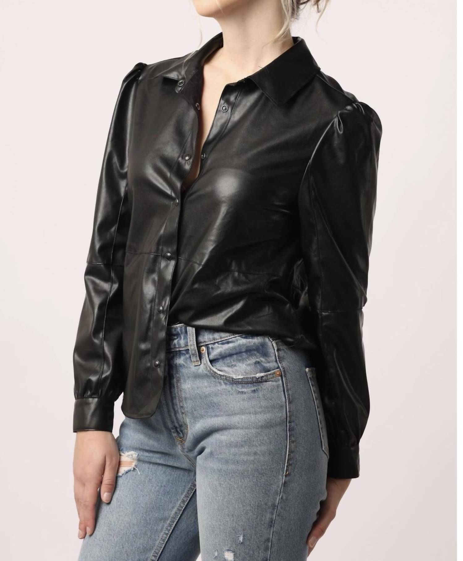Brigit Pleather Snap Front Blouse In Black