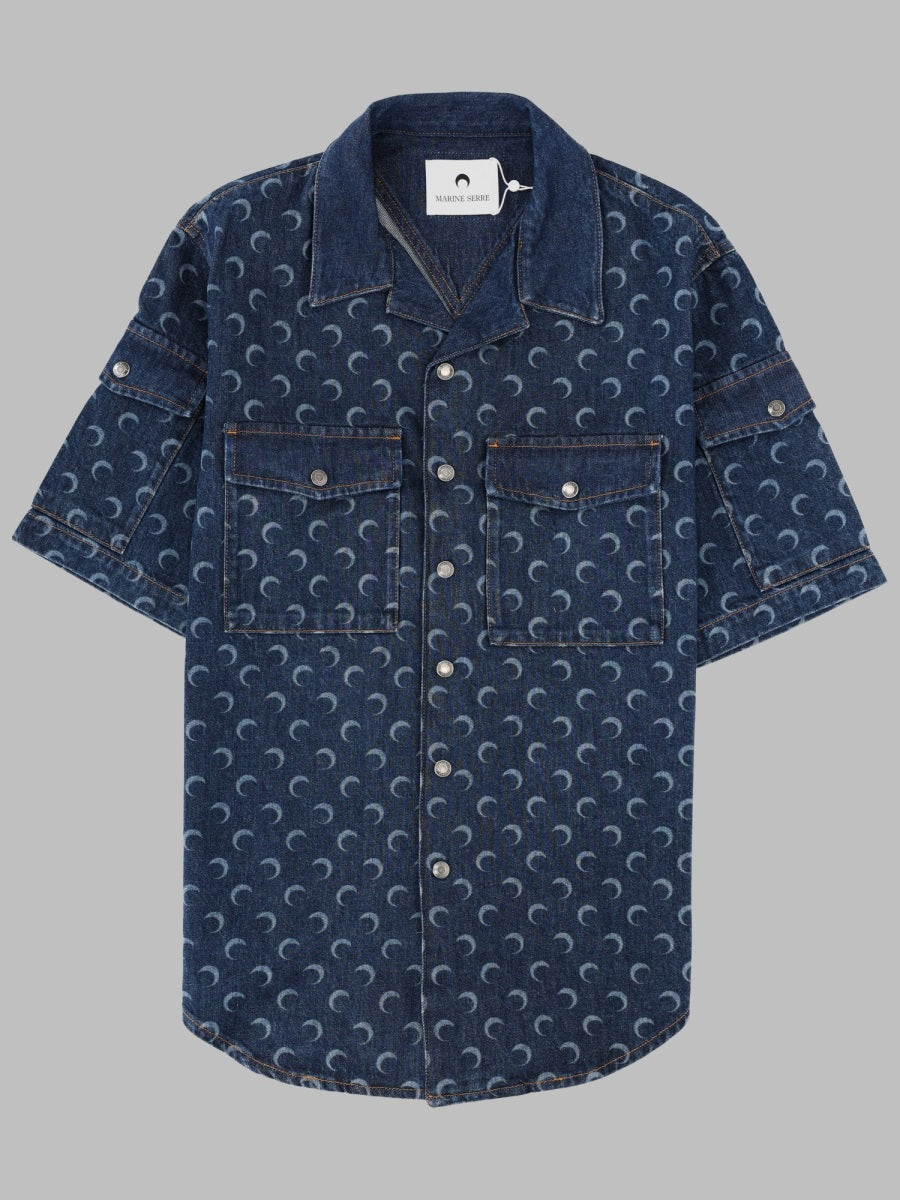 Marine Serre Men Camicia In Denim Con Stampa All Over