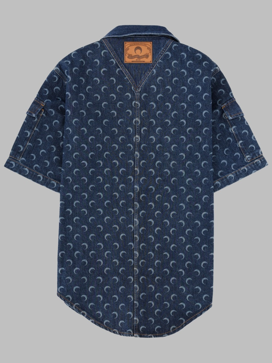 Marine Serre Men Camicia In Denim Con Stampa All Over