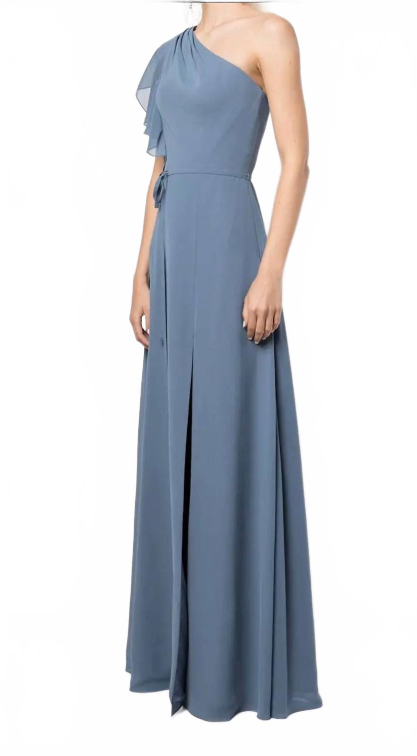 Gathered One Shoulder Gown In Slate Blue