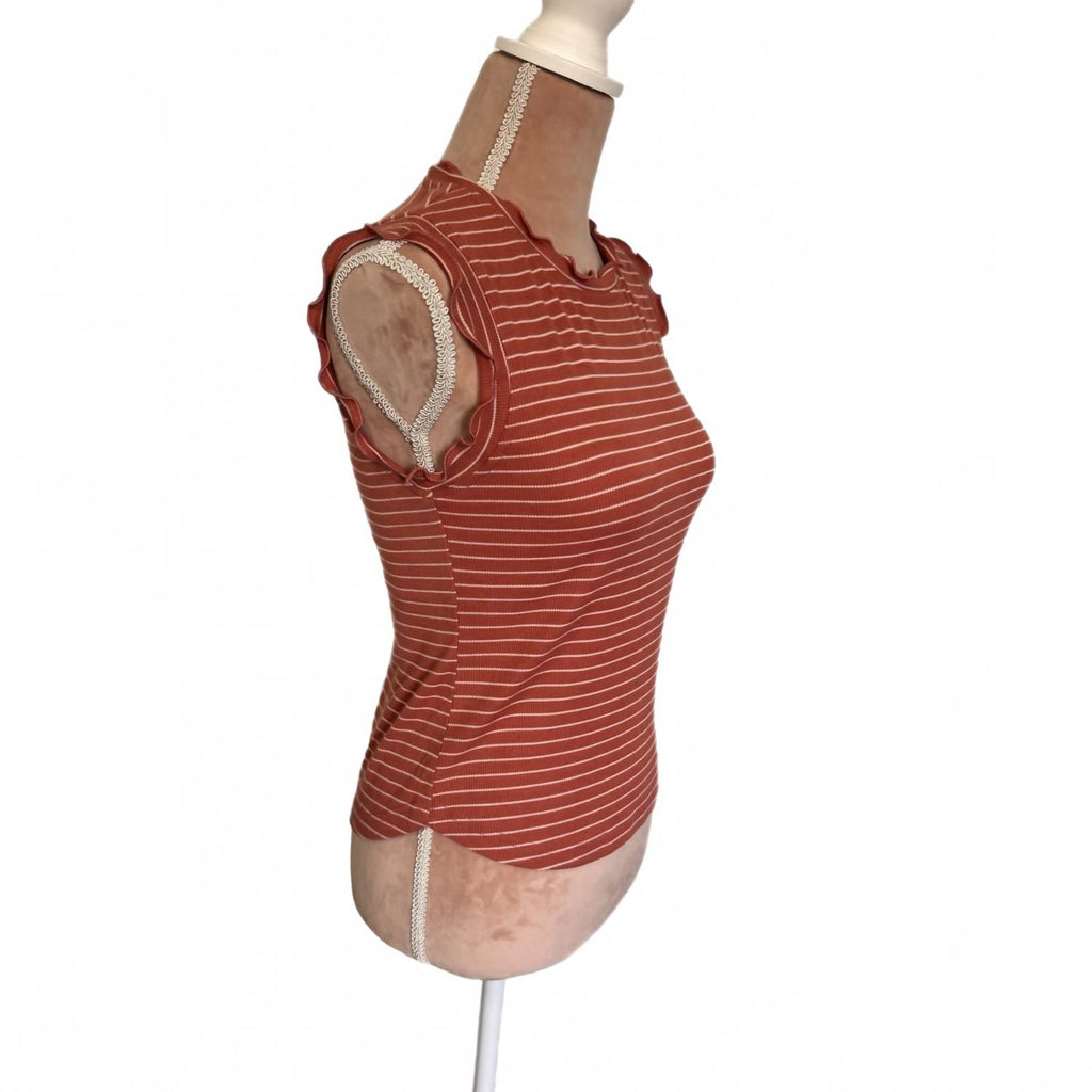 Boho Ribbed Ruffle Trim Striped Tank Top In Terracotta Rust White Stripes