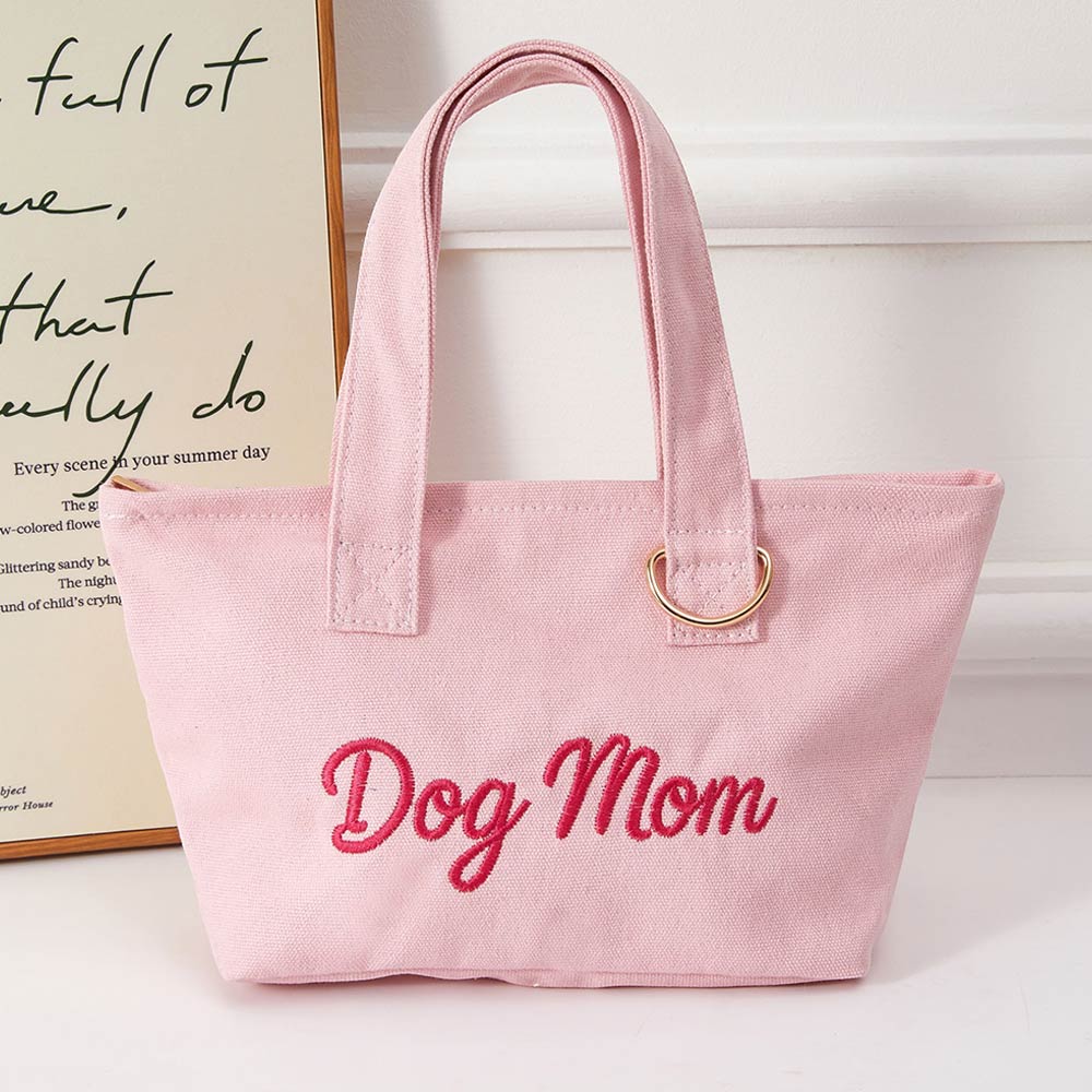 DOG MOM Embroidered Small Canvas Tote Bag