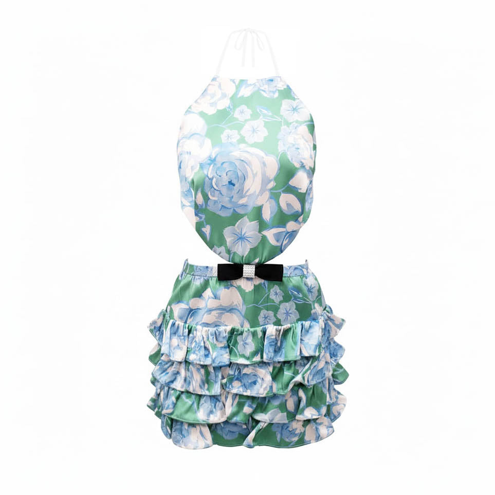SHUSHU/TONG GREEN AND BLUE FLORAL CUT OUT HALTER RUFFLED DRESS