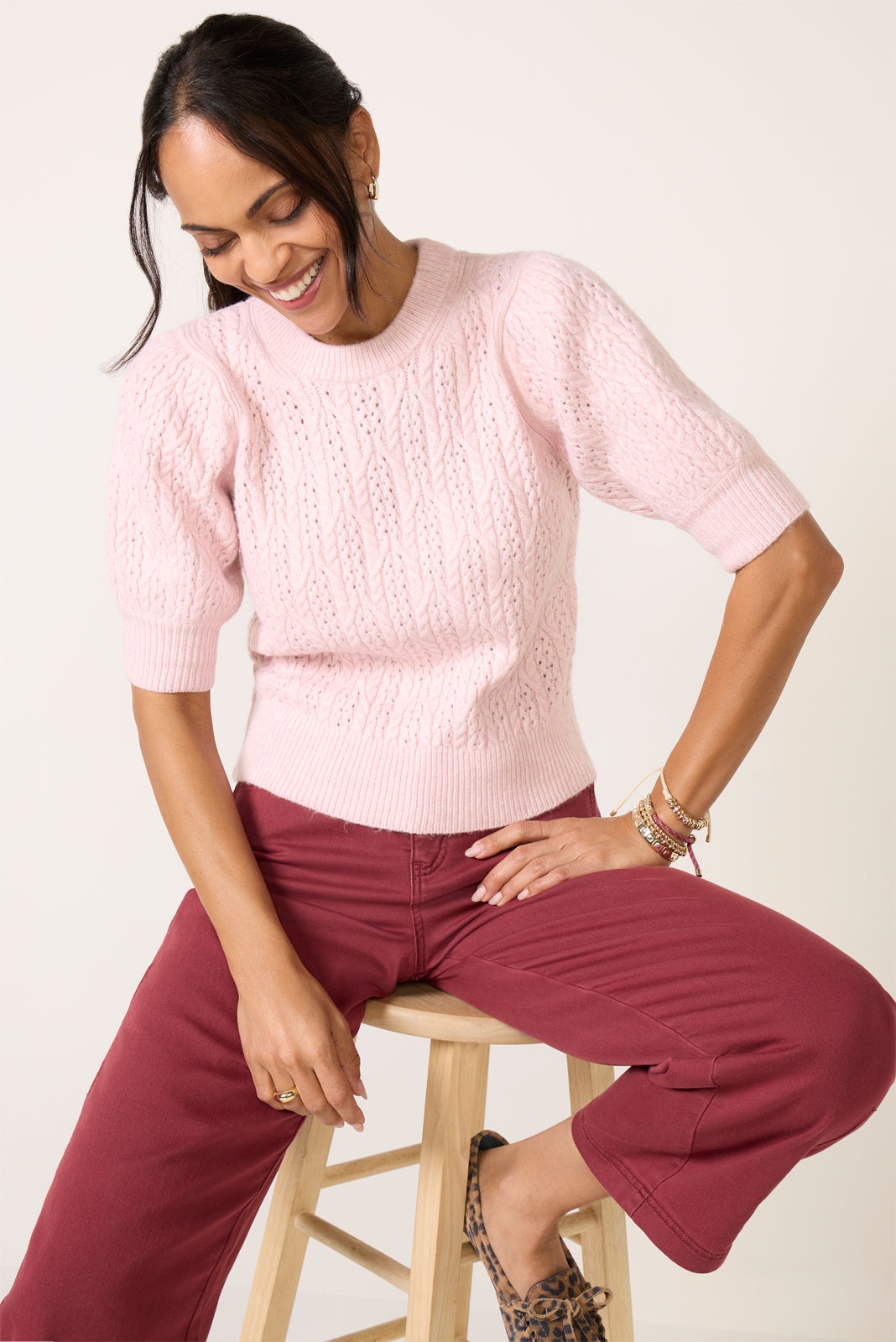 Women's Mason Puff Sleeve Cable Sweater Top
