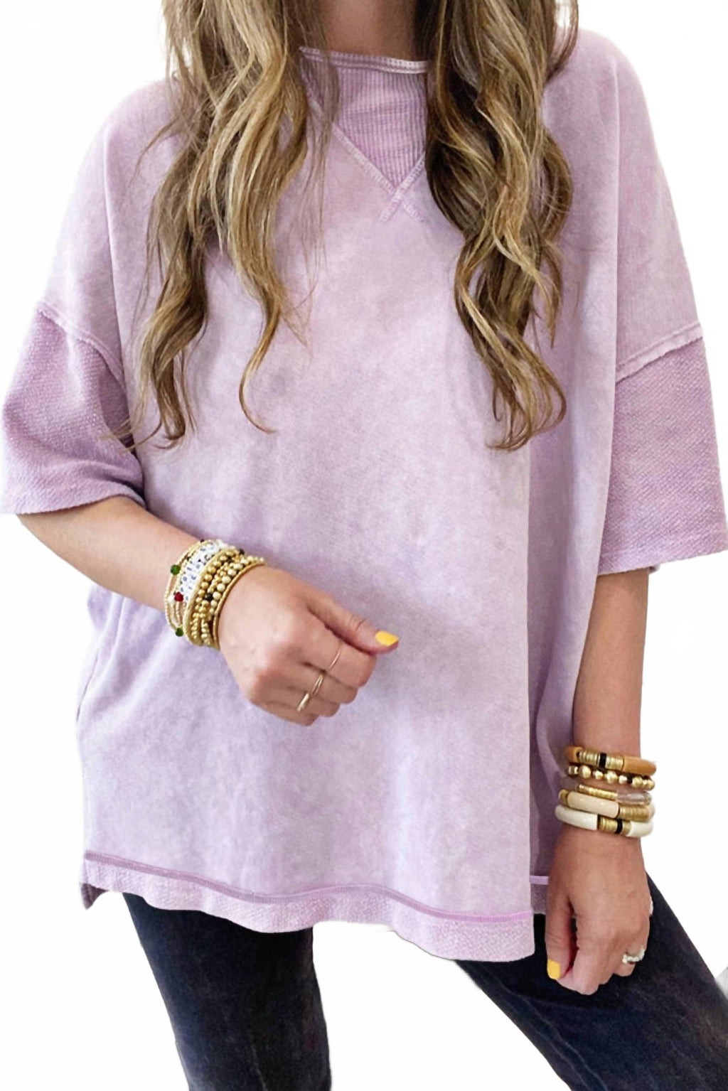 Solid Drop Sleeve Washed Tee In Purple