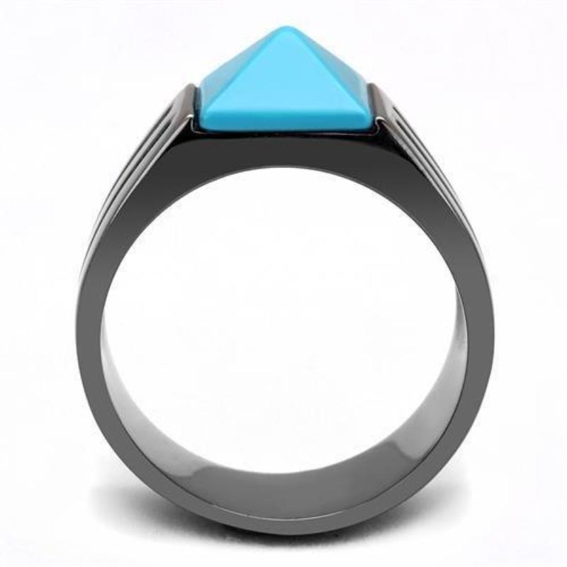 IP Light Black Stainless Steel Ring with Synthetic Turquoise in Sea Blue